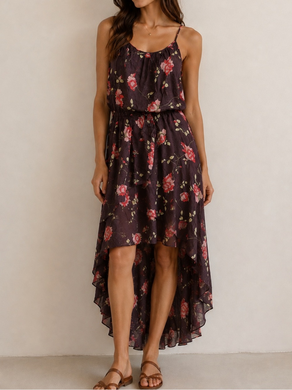 Farm Rio Floral Pink Purple Midi Dress Women’s Size XS SMALL Tropical high low